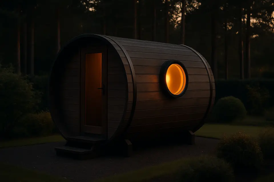 Sauna beczkowa NORDVED w ogrodzie o zmierzchu z ciepłą poświatą przez okrągłe okno