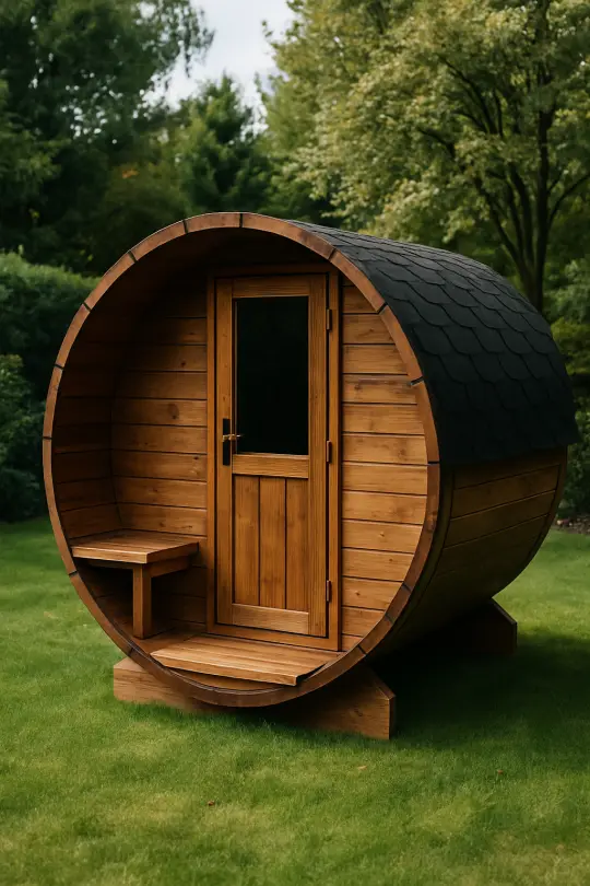 Sauna beczkowa Beczka 240 zamontowana w ogrodzie pod Krakowem