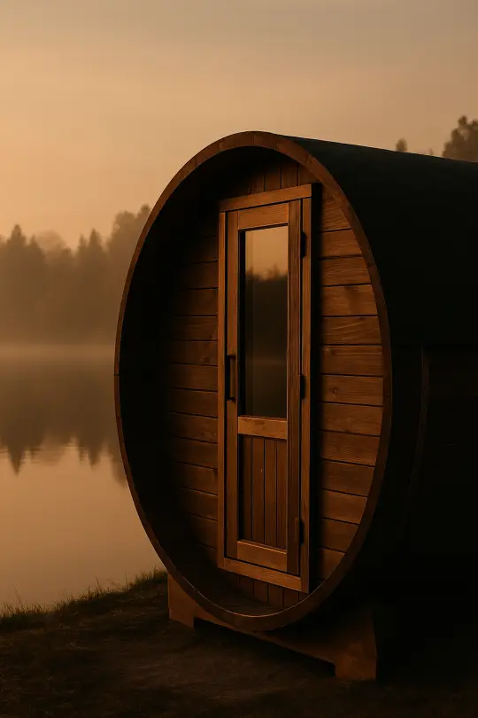Sauna beczkowa Beczka 300 na terenie ośrodka na Mazurach