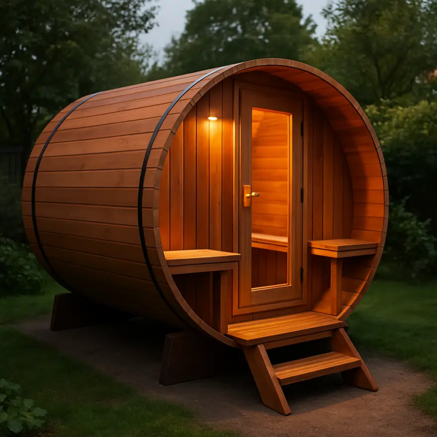 Sauna beczkowa Beczka 240 Komfort z gankiem – model rodzinny dla 4-5 osób